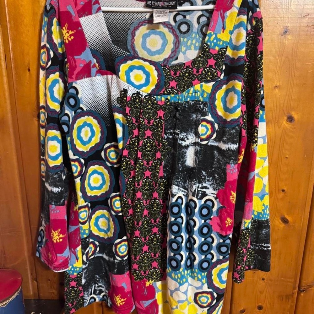 Pyramid Collection Patchwork Print Long Sleeve Tunic Top XL Multi-Color Bohemian
